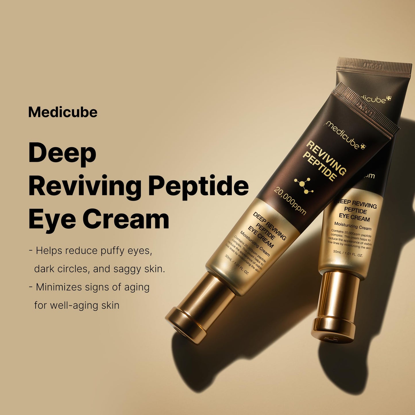 A woman holds a tube of Medicube Deep Lifting Peptide Eye Cream close to her face, her neutral expression highlighting her glowing skin. Available to buy at MyAllures.