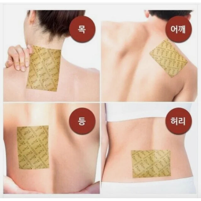 Four images display KOREAN RED GINSENG HEATING PAD PAIN RELIEF 20 EA applied to various areas of the back, including the neck, shoulder, middle back, and lower back on different individuals. The accompanying Korean text indicates usage for the neck, shoulder, back, and waist. Purchase at MyAllures.
