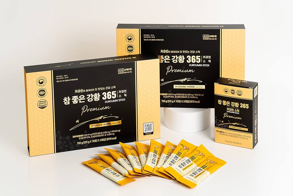 Boxes and sachets of 365 NANO CURCUMIN COLLAGEN STICK are displayed, showcasing the healthy product's Korean text and yellow and black color schemes. Buy at myallures for a premium wellness experience.