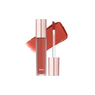 A lip gloss tube with an applicator brush, showcasing a brown shade titled "#V25 Final Note" by BBIA LAST VELVET TINE, available to buy at MyAllures. A close-up of lips using the product is also displayed.