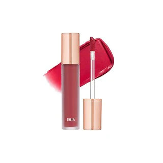 A lip gloss tube with an applicator brush, showcasing a brown shade titled "#V25 Final Note" by BBIA LAST VELVET TINE, available to buy at MyAllures. A close-up of lips using the product is also displayed.