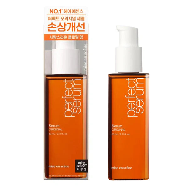 An orange bottle with a white pump dispenser labeled "MISSENSCENE PERFECT HAIR SERUM" by Missenscene against a neutral background is available to buy at MyAllures.