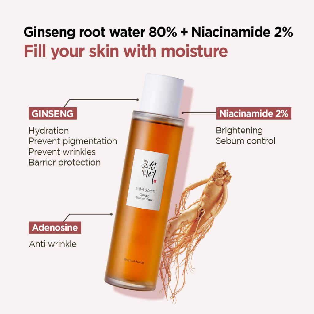 Discover the BEAUTY OF JOSEON GINSENG ESSENCE WATER, a bottle of ginseng root water essence offering hydrating, nourishing, sebum control, and anti-wrinkle properties with safe ingredients. Purchase this skincare gem from BEAUTY OF JOSEON at MyAllures.