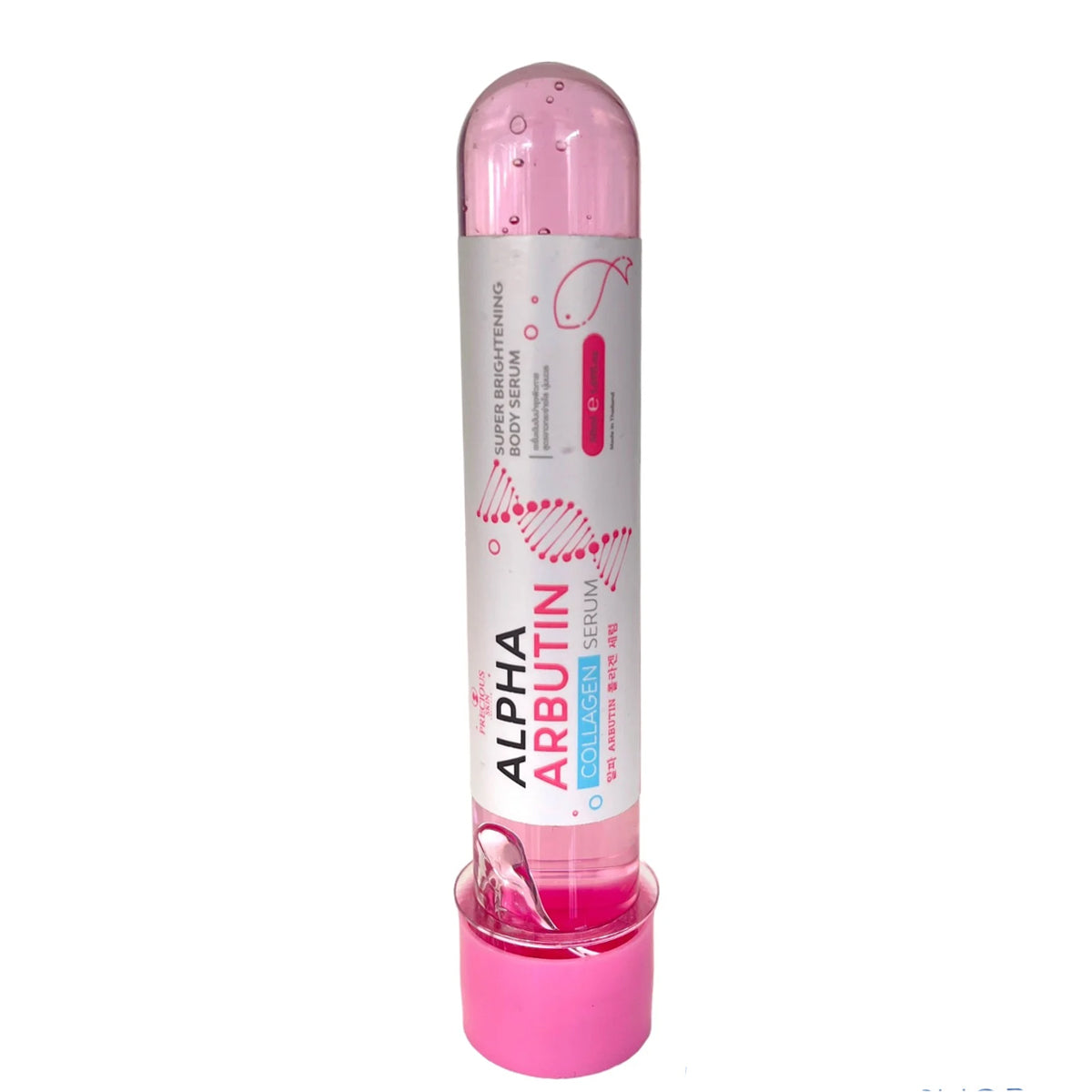 A pink plastic tube labeled "ALPHA ARBUTIN SUPER BRIGHTENING BODY SERUM" with a transparent cap, small dropper, and liquid inside. Available now—buy at MyAllures.