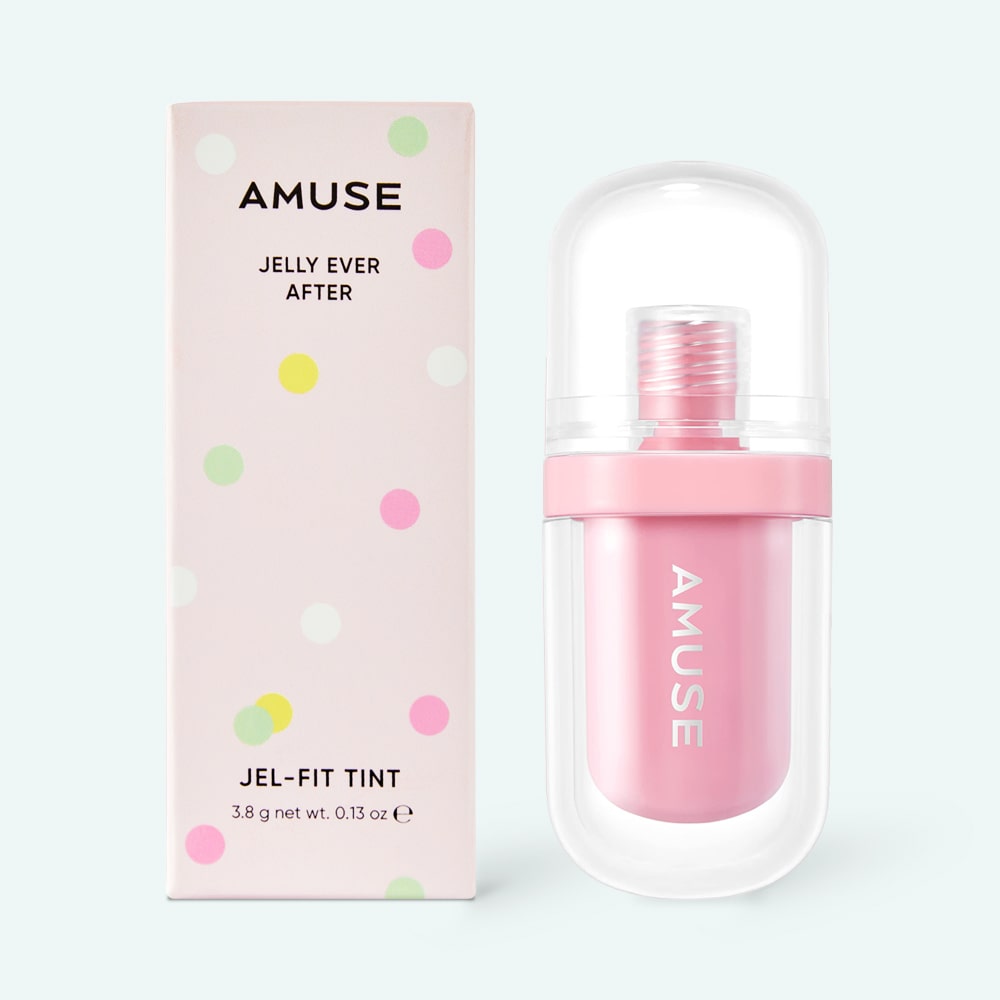 A pink tube of AMUSE JEL-FIT TINT labeled "AMUSE" with an applicator brush. An inset shows pink glossed lips. The text "#06 SEOUL GIRL" appears in the bottom right. Buy at MyAllures for effortlessly chic lips!