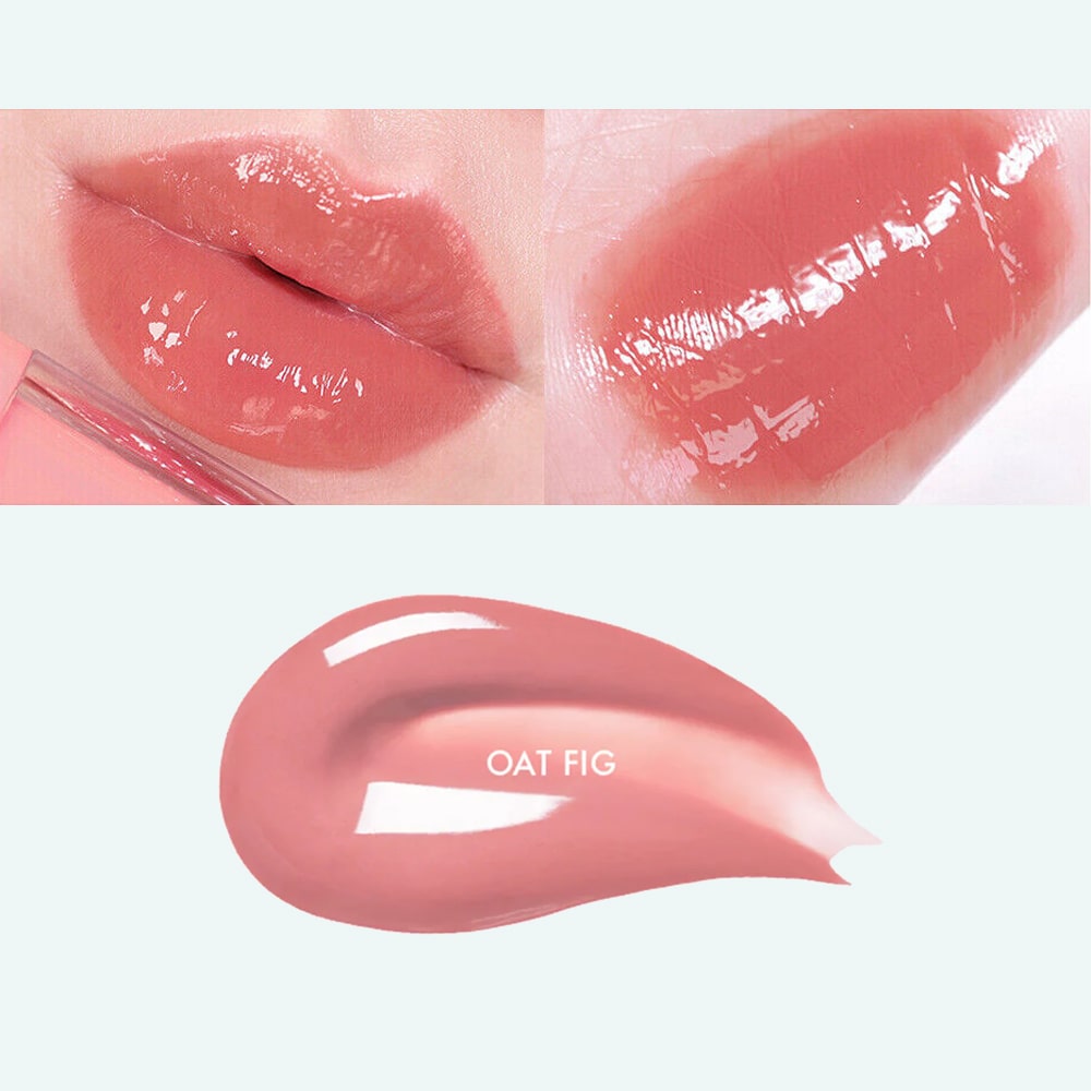 A container of AMUSE JEL-FIT TINT with a wand applicator is shown. A close-up of lips wearing the gloss in shade "#07 CARAMEL" is depicted above the container. You can buy it at MyAllures for that perfect caramel shine.