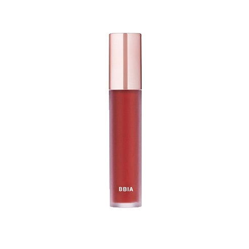 An image shows a tube of BBIA LAST VELVET TINE liquid lipstick with its wand applicator. The color swatch is displayed, and a close-up of lips wearing the lipstick in shade #V24 Trendy Note is seen. Available to buy at MyAllures.