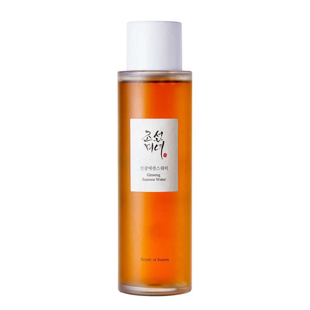 A bottle of BEAUTY OF JOSEON GINSENG ESSENCE WATER tilts, pouring liquid. The label text reads: "Ginseng Essence Water". The description mentions it contains 80% Ginseng Root Water for skin nourishment and hydration. Buy at MyAllures for revitalized, radiant skin.