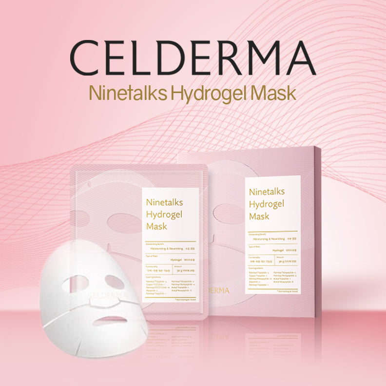 Diagram depicting the CELDERMA NINETALKS HYDROGEL MASK by CELDERMA, showcasing its three-layer design with an outer hydrogel layer, a middle honey mesh layer, and an inner hydrogel layer. Arrows indicate the structure of the mask. Discover more and buy at MyAllures.