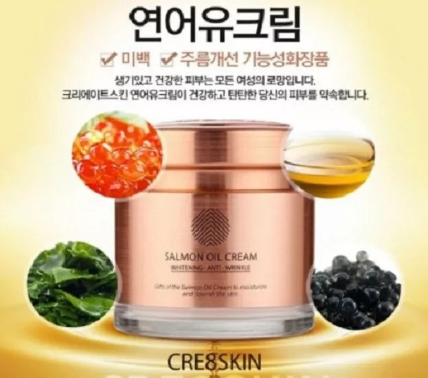 Advertisement for CRE8SKIN SALMON OIL CREAM featuring a woman smiling and pointing to the product. Claims to improve wrinkles, provide hydration, and whiten skin. Now available for purchase at MyAllures!