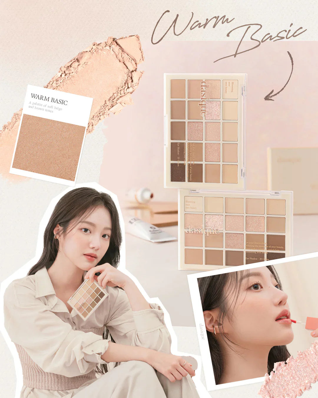 A makeup advertisement featuring a woman holding the DASIQUE MOOD SHADOW PALETTE with various shades of light lavender. The background shows close-ups of the palette and product details, available for purchase at MyAllures.