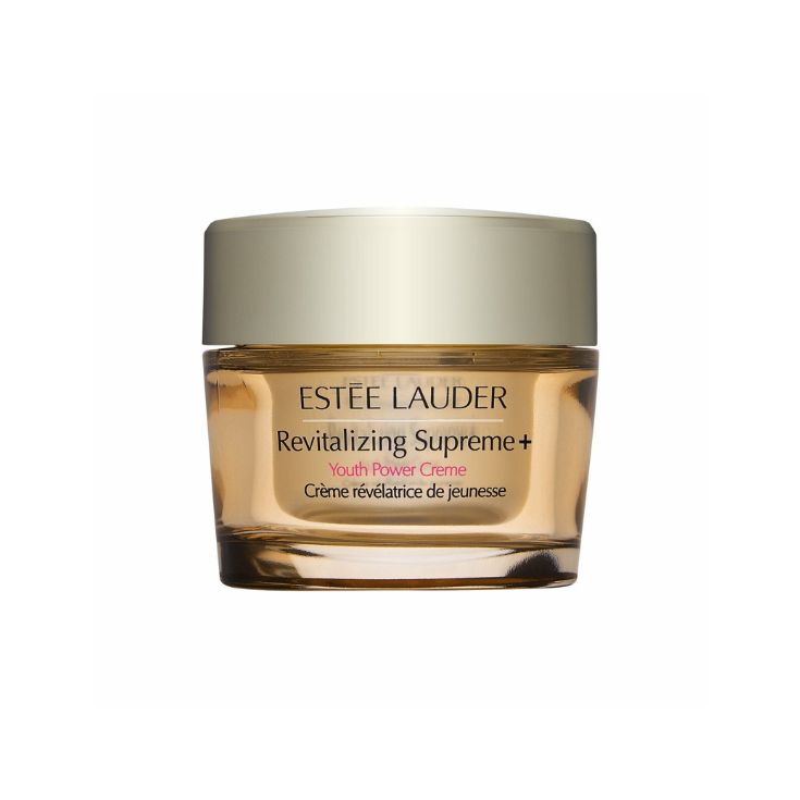 A jar of ESTEE LAUDER REVITALIZING SUPREME YOUTH SOFT CREAM is open with some cream spread in front of it. Text indicates “New 25% Faster Firming.” Buy at MyAllures for radiant, youthful skin.