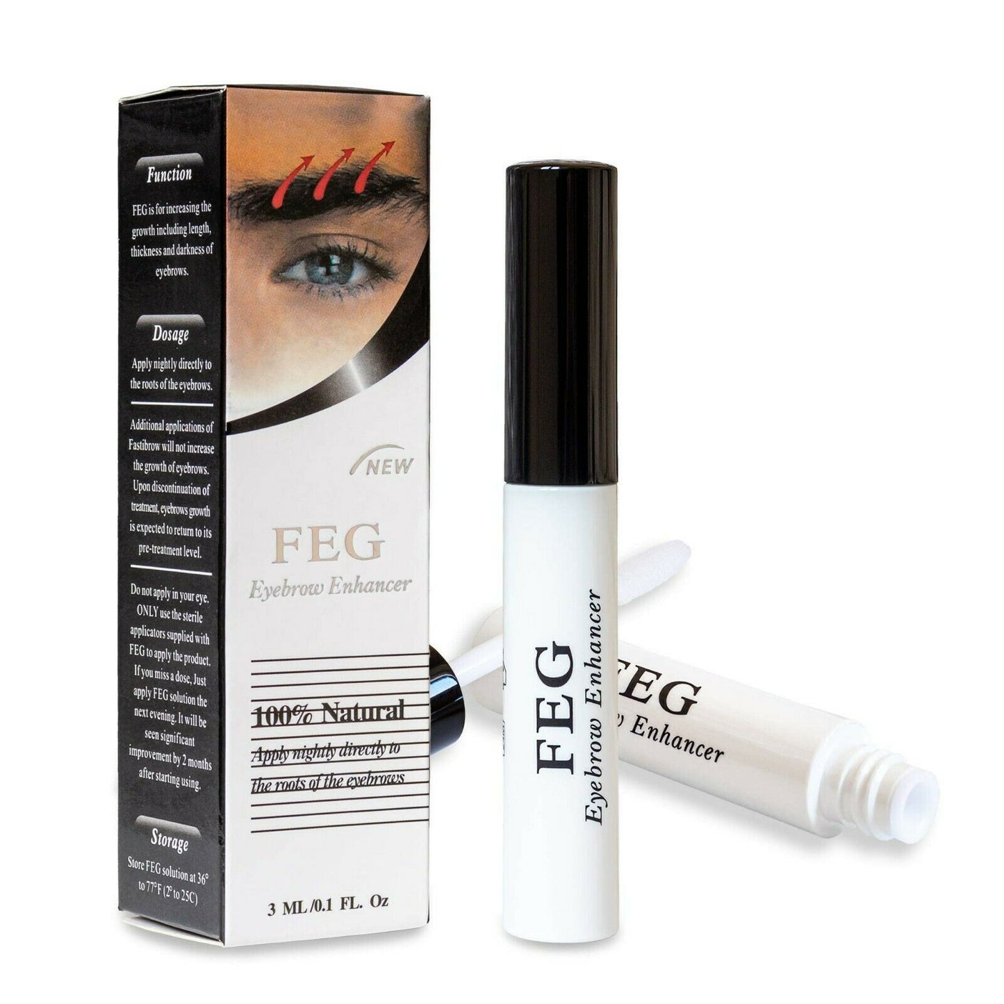 A close-up image of an eyebrow with a product called FEG Eyebrow Enhancer Grow Treatment Serum displayed beside it. The packaging states "100% Natural" and "3 ml / 0.1 Fl. Oz." on a grey and yellow background, available to buy at MyAllures.