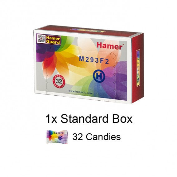 Box of HAMER GINSENG & COFFEE CANDY labeled "E854A9" with a "32 candies" indication and three individually wrapped candies in red and colorful packaging in front. Purchase this delightful treat now exclusively at MyAllures!