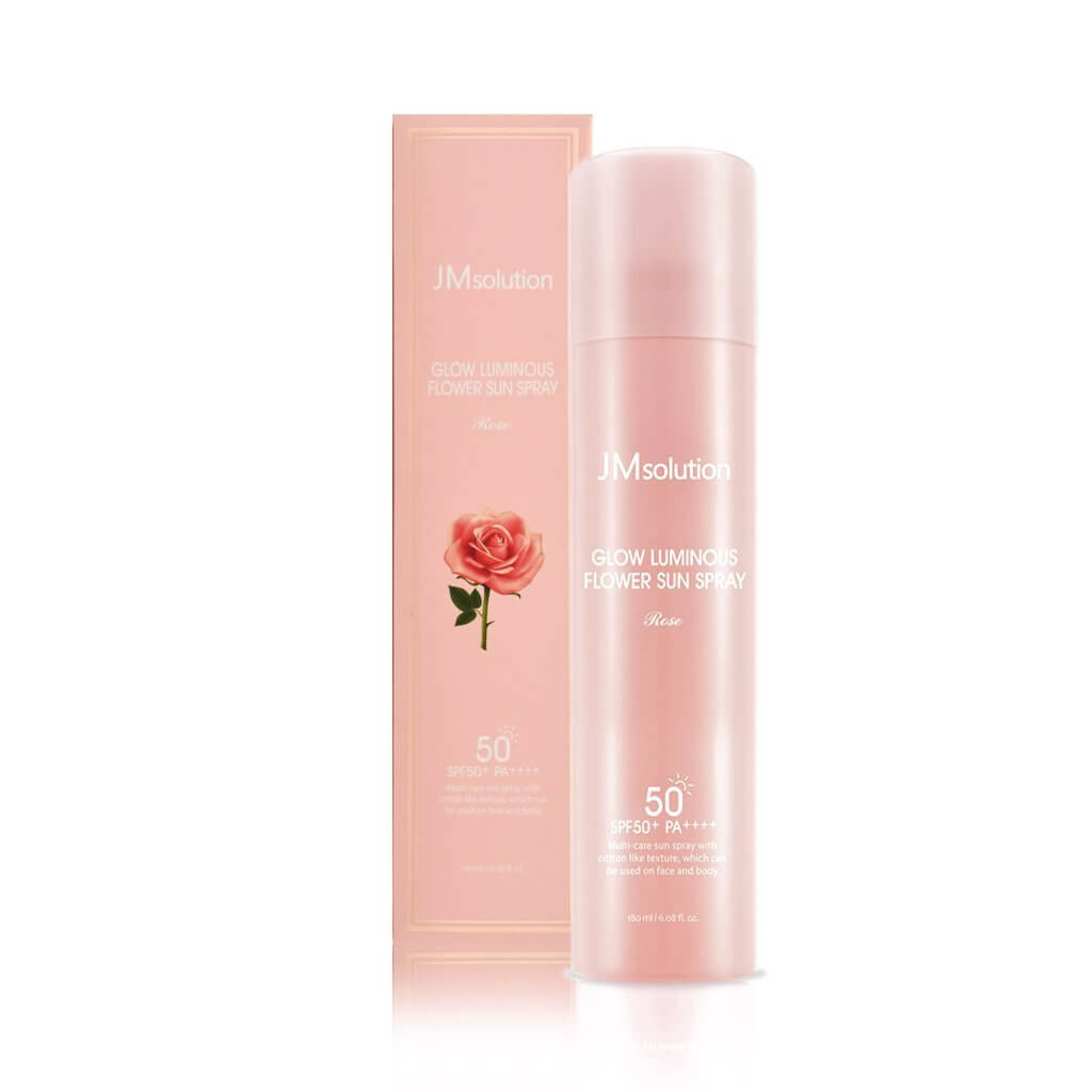 Image of JMsolution Glow Luminous Flower Sun Spray with product box. Key benefits listed: Refreshing, Moisturizing, Sunscreen, Whitening. Close-up inset shows texture of the spray on skin. Available to buy at MyAllures.