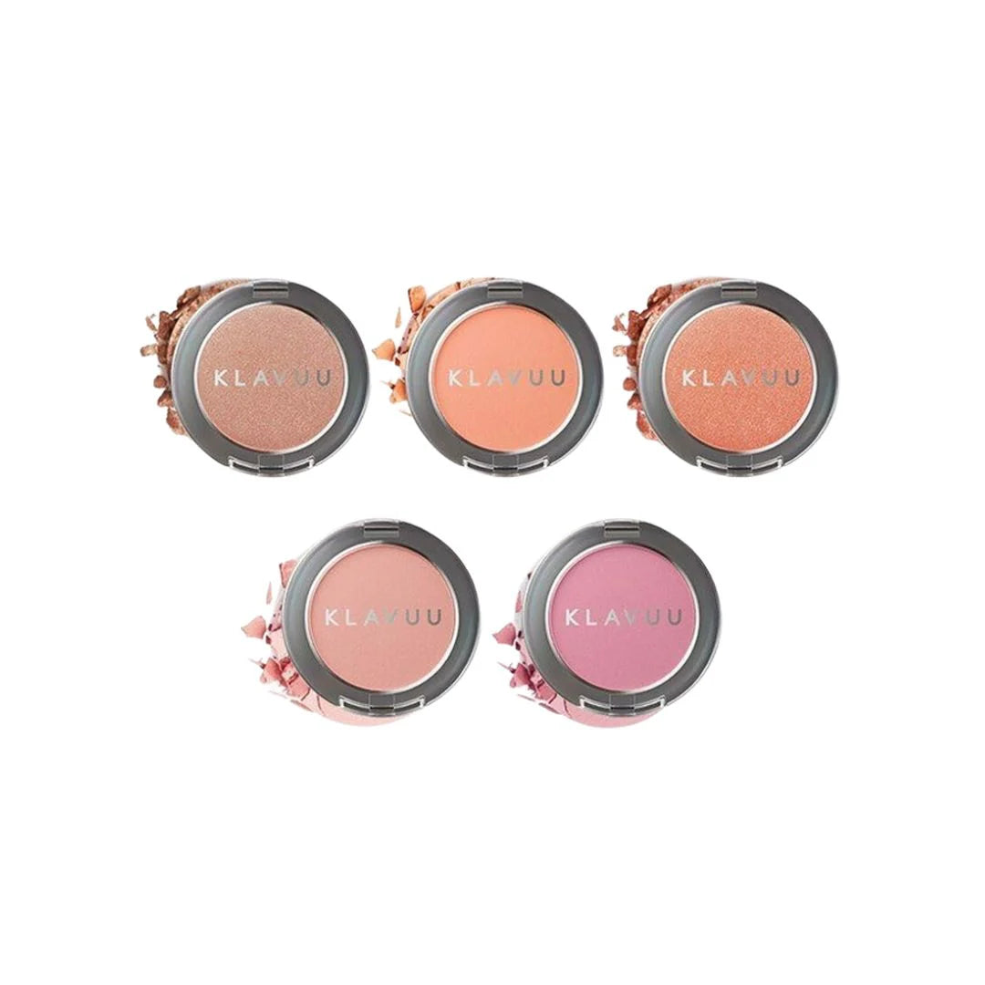 Five round KLAVUU URBAN PEARLSATION NATURAL POWDER BLUSHER compacts in various shades, arranged in a 2-3 formation, with the KLAVUU brand name visible on each lid. You can buy these elegant blushers at MyAllures.