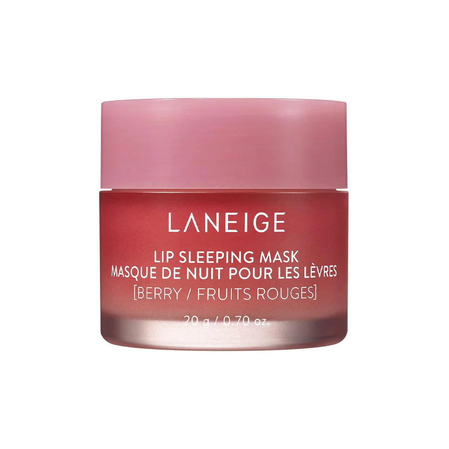 A woman with pink lipstick holds a container of LANEIGE SLEEPING MASK close to her lips, available for purchase at MyAllures.