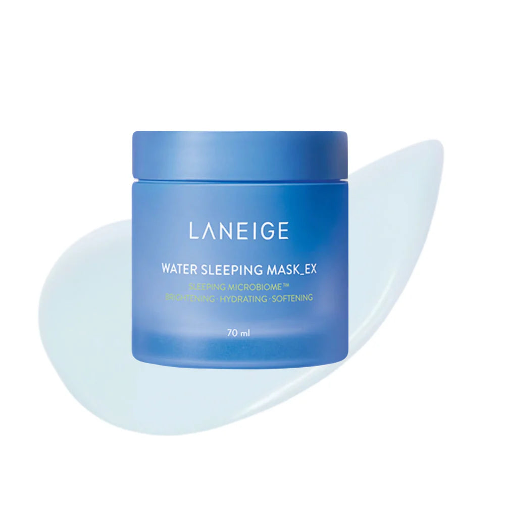 A jar of LANEIGE WATER SLEEPING MASK with the lid opened. Text highlights its benefits, including boosting skin's protective barrier and enhancing brightness and clarity with 23.8 billion Pro-biotics™. Get yours now and buy at MyAllures for radiant, glowing skin!