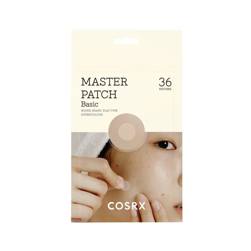 A person with light pink nail polish peels a clear circular COSRX ACNE MASTER PATCH BASIC adhesive dot from a sheet against a beige background. Get yours now at MyAllures!