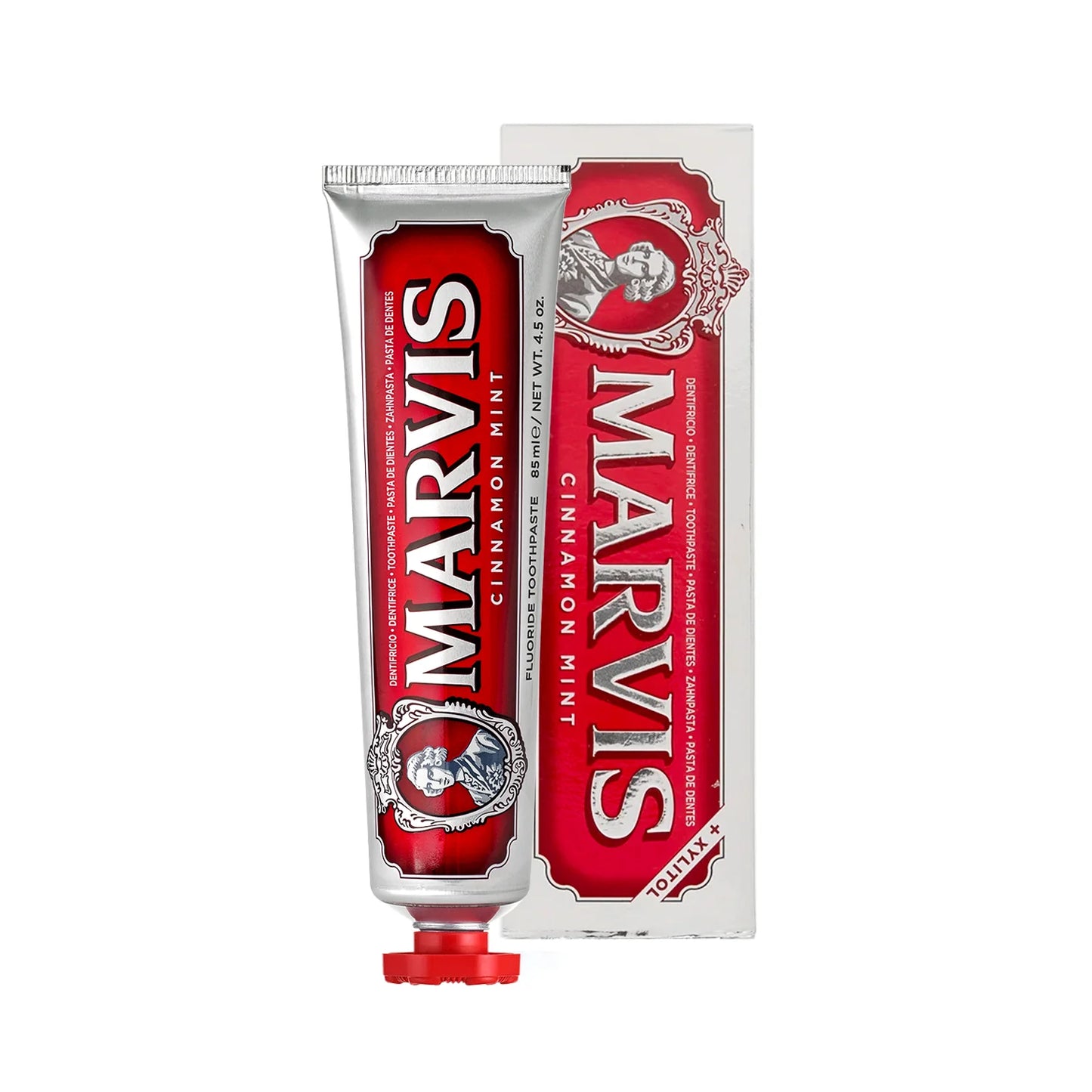 A tube and box of MARVIS TOOTHPASTE, both silver with black text, prominently displaying the MARVIS brand name and logo. Purchase at MyAllures for a dazzling smile!