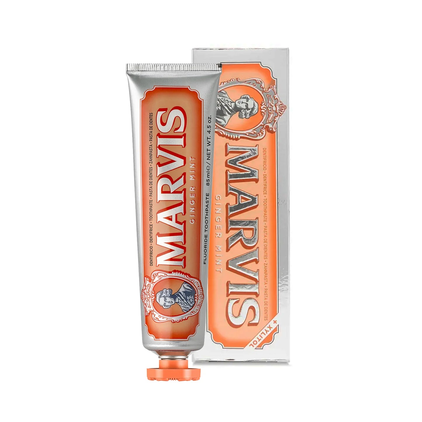 A tube and box of MARVIS TOOTHPASTE, both silver with black text, prominently displaying the MARVIS brand name and logo. Purchase at MyAllures for a dazzling smile!