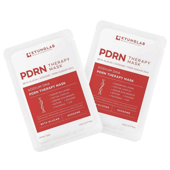 Two packets of KYUNGLAB PDRN THERAPY MASK, distinguished by red and white packaging and incorporating Sodium DNA, Beta-Glucan, and Exosome for effective skin treatment. Now available for purchase at MyAllures.