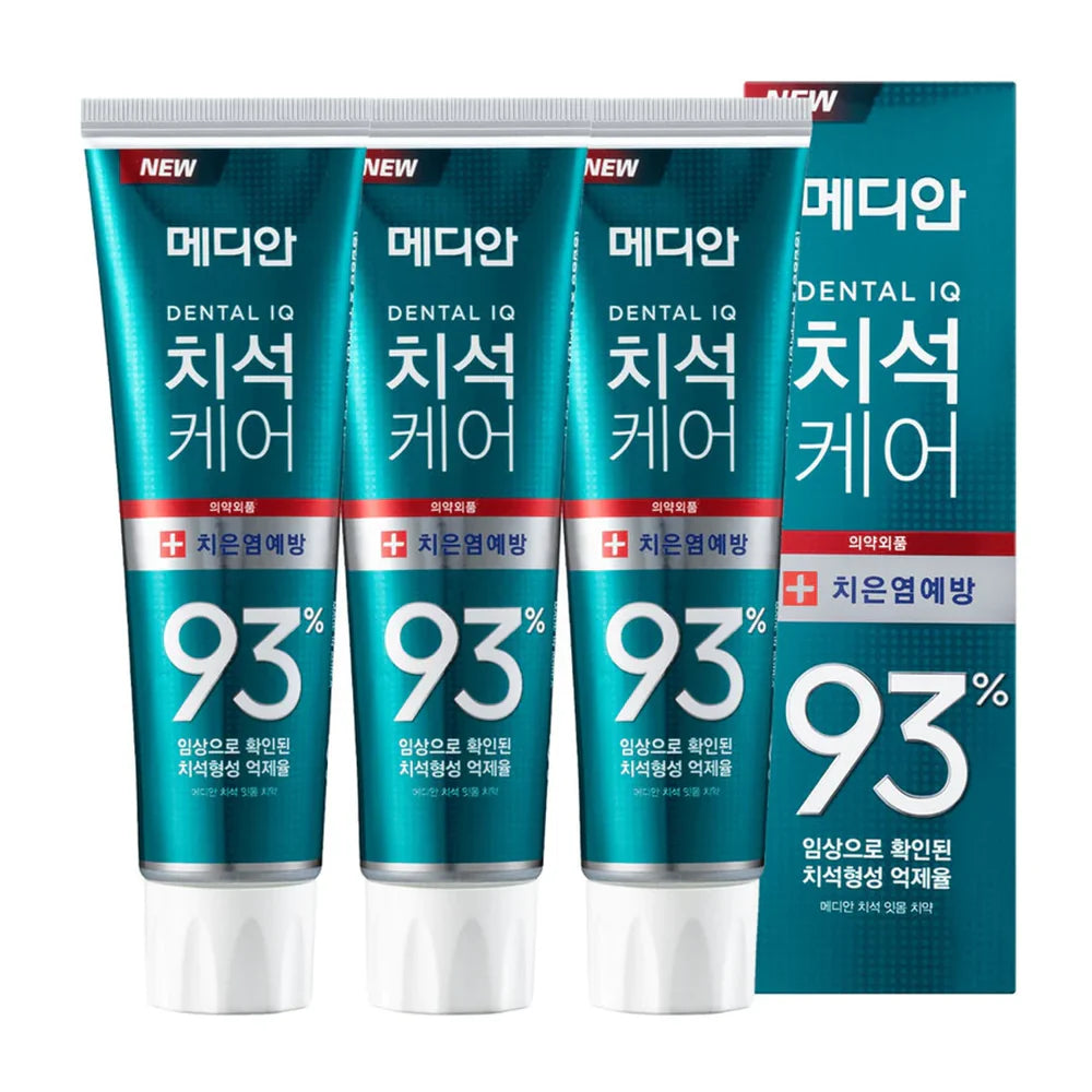 Three tubes of MEDIAN TOOTHPASTE are displayed in front of their packaging box, which contains Korean text and claims whitening benefits. Buy at MyAllures for a dazzling smile.