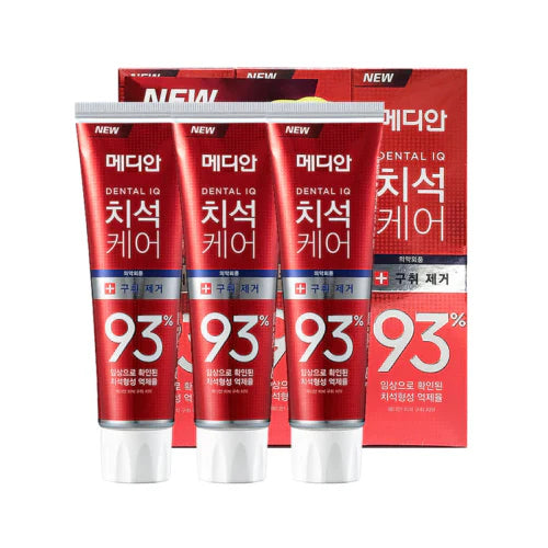 Three tubes of MEDIAN TOOTHPASTE are displayed in front of their packaging box, which contains Korean text and claims whitening benefits. Buy at MyAllures for a dazzling smile.