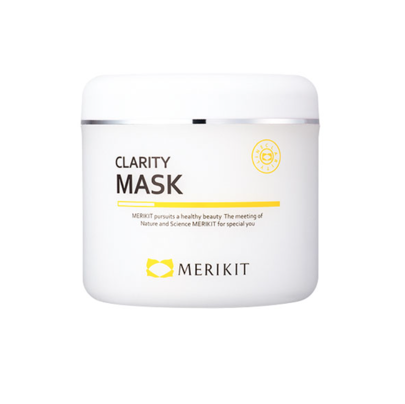 Discover the MERIKIT CLARITY MASK from MERIKIT, featuring Niacinamide that brightens dull skin on the left side and a powerful complex of extracts with antioxidant properties from Blueberries, Rose Canina Fruit, and Ginkgo Biloba leaves on the right side. Purchase at MyAllures for radiant skin solutions!