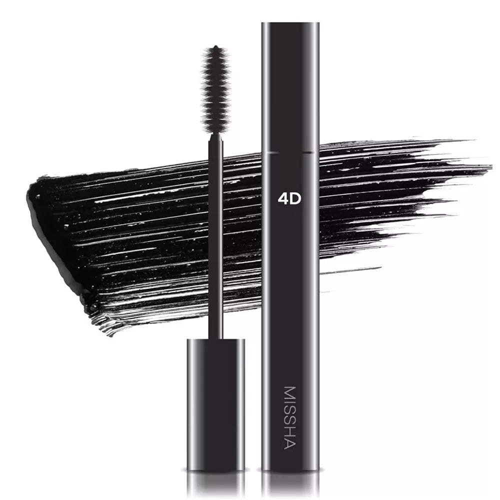 Two MISSHA 4D MASCARAS, displayed in black, featuring images of application results: one eye closed and two eyes open with voluminous, elongated lashes. Available for purchase at MyAllures.