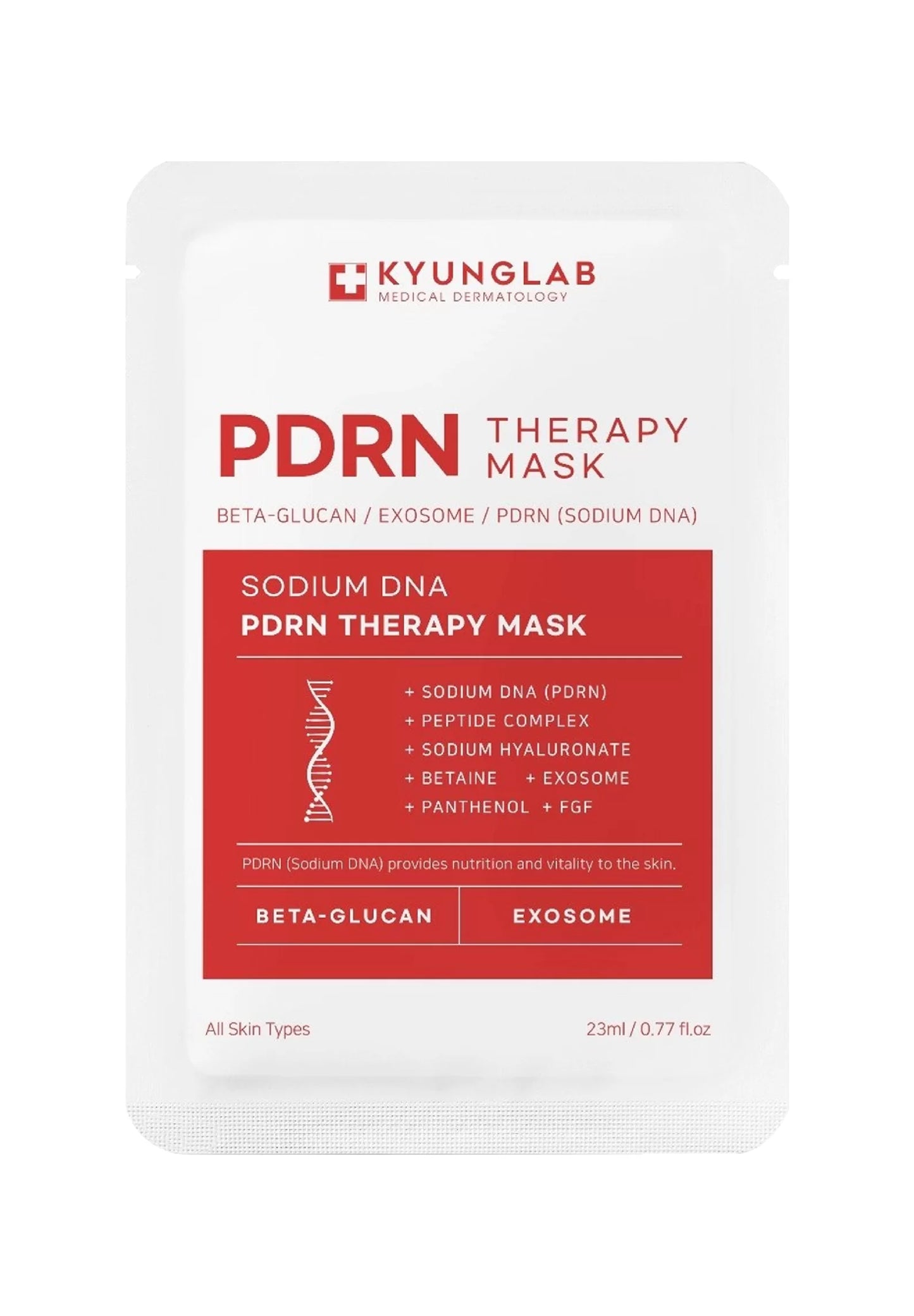 Front view of a KYUNGLAB PDRN THERAPY MASK package, showcasing beta-glucan, exosome, and sodium DNA. The package highlights ingredients and benefits for various skin types, containing 23ml (0.77 fl oz). Available for purchase at MyAllures.