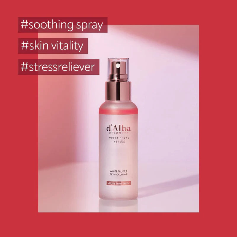 A bottle of DALBA VITAL SPRAY SERUM by DALBA is showcased against a red background with the hashtags #soothingspray, #skinvitality, and #stressreliever on the side. Don’t miss out—buy at MyAllures!