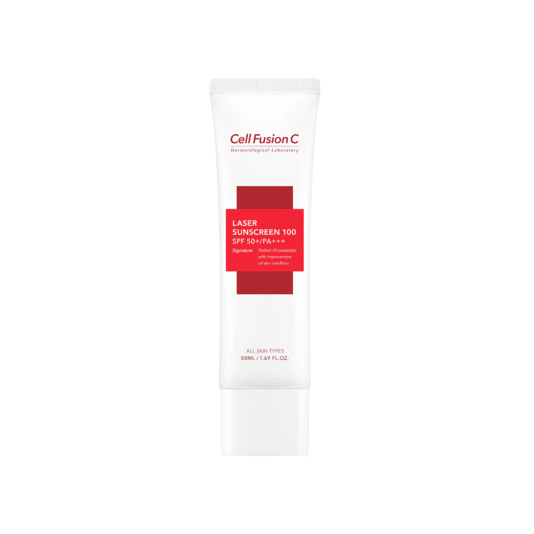 A tube of CELL FUSION C LASER UV SUNSCREEN is displayed alongside descriptions highlighting its hypoallergenic nature, excellent skin adhesion, and promotion of healthy skincare. Buy at MyAllures for the best in sun protection and skincare.