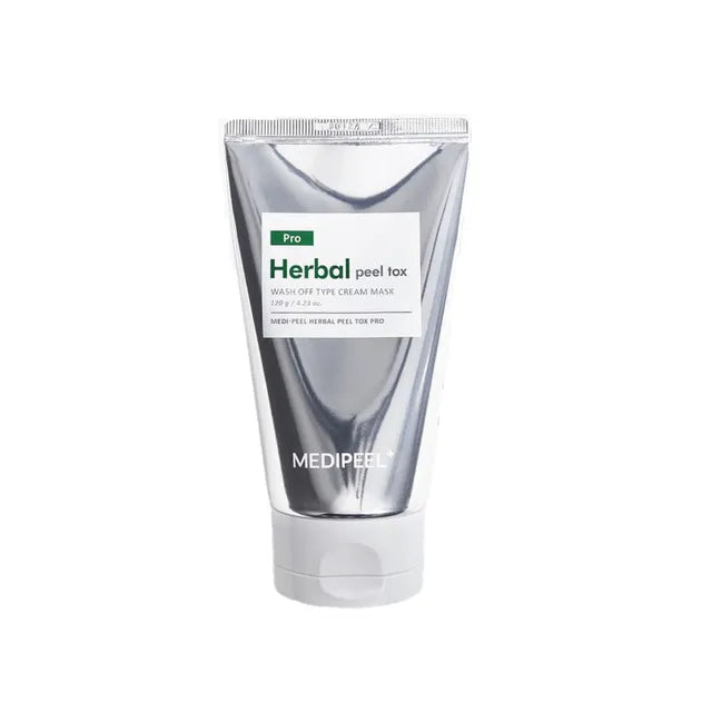 Two tubes of skincare cream from MEDIPEEL. The left tube is labeled "Herbal peel tox" with white text on a silver background, while the right tube is labeled "MEDIPEEL HERBAL PEEL TOX PRO" with green text on a silver background. Available for purchase at MyAllures.