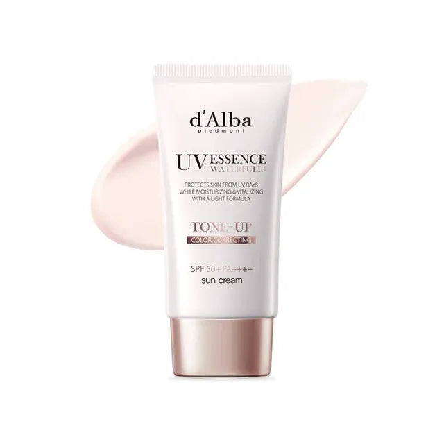 Two images of a woman applying DALBA WATERFULL TONE-UP SUN CREAM, endorsed for use as a base and suitable for sensitive skin. A section highlights its sweatproof and hypoallergenic properties, vegan recipe, V-Label Italian certification, and availability at MyAllures.