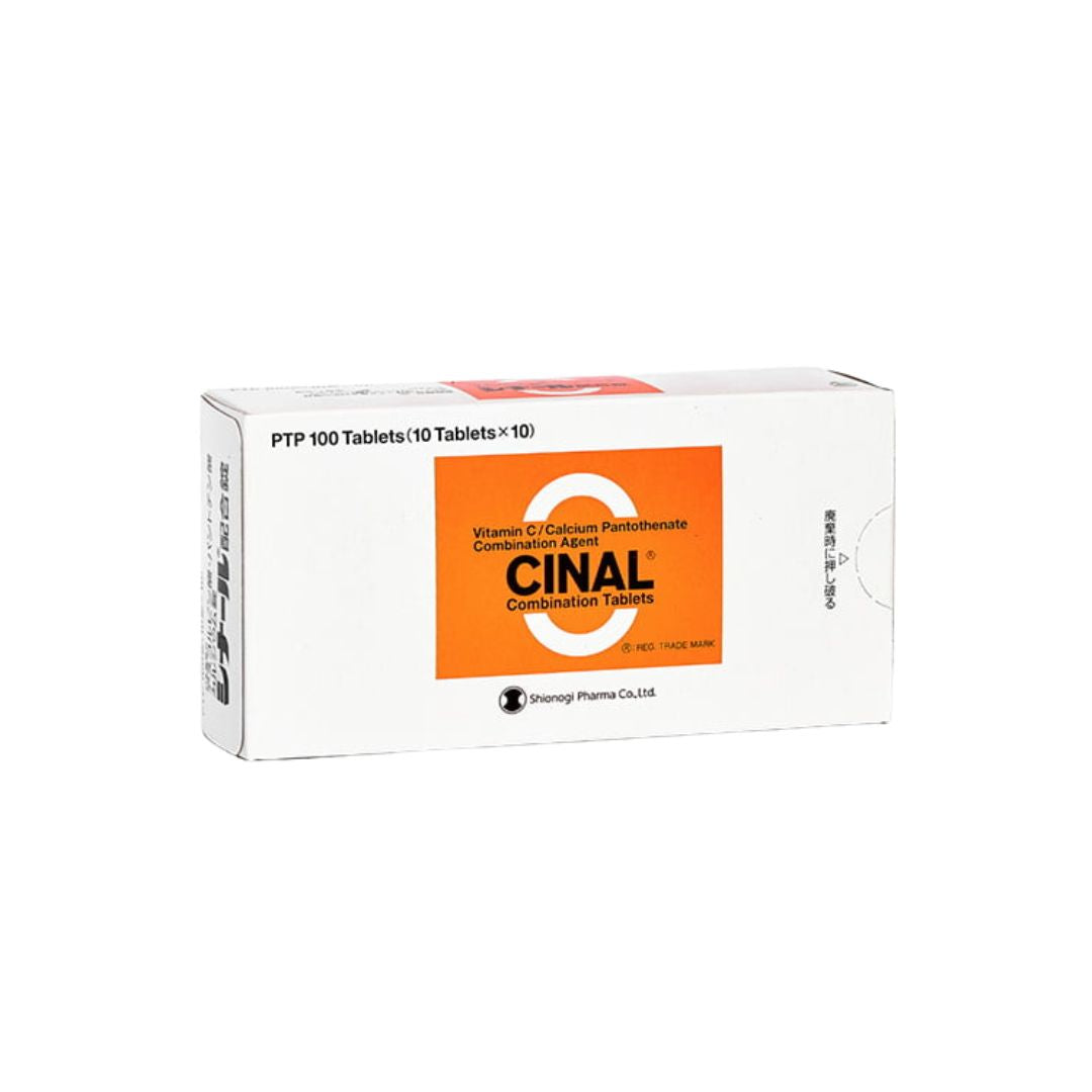 A hand holds a box of CINAL Combination Tablets Vitamin C & Calcium Pantothenate, available for purchase at MyAllures. Multiple similar boxes are stacked in the background.