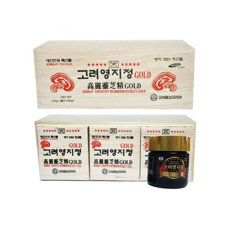 Front view of a boxed product and a jar labeled "GORYEO Longgevity Mushroom Extract Gold," with Korean text, a gold lid, available to buy at MyAllures.