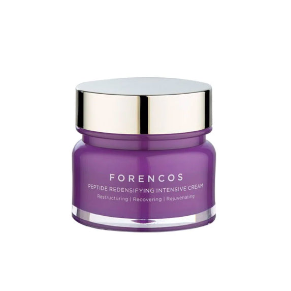 Three purple jars of FORENCOS Peptide Redensifying Intensive Cream are stacked creatively against a backdrop with light stripes. The brand logo and name are displayed above. Available to buy at MyAllures.