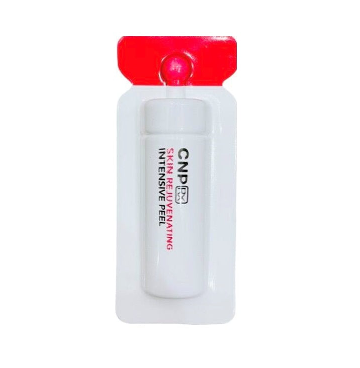 A small white bottle labeled "CNP" with red text on the packaging reading "CNP LABORATORY RX SKIN REJUVENATING INTENSIVE PEEL," attached to a white and red blister pack. Available for purchase at MyAllures.