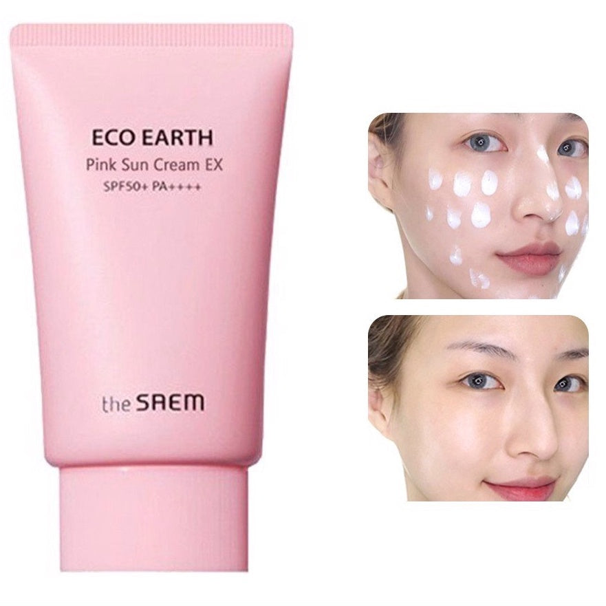 The Saem, Eco Earth Pink Sun Cream, Sunscreen set, 2 Chai, Korean skincare, Sun protection, Whitening sun cream