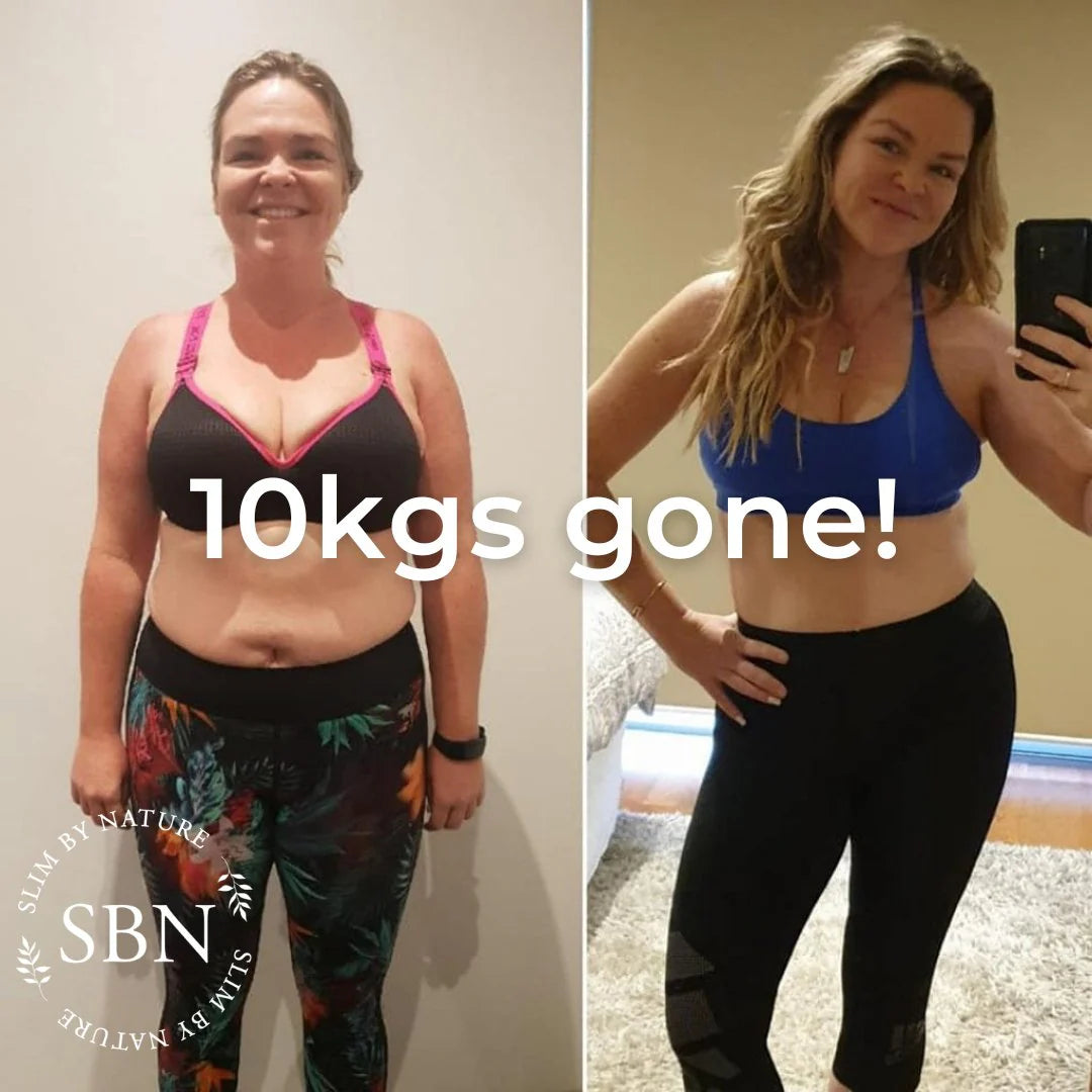 A before-and-after photo of a woman showing weight loss progress. The left image shows her before losing weight, and the right image shows her after losing 10 kilograms. The text "10kgs gone!" is overlaid. Transform your journey with MATXI GO DETOX HERBAL WEIGHT LOSS and buy at MyAllures!