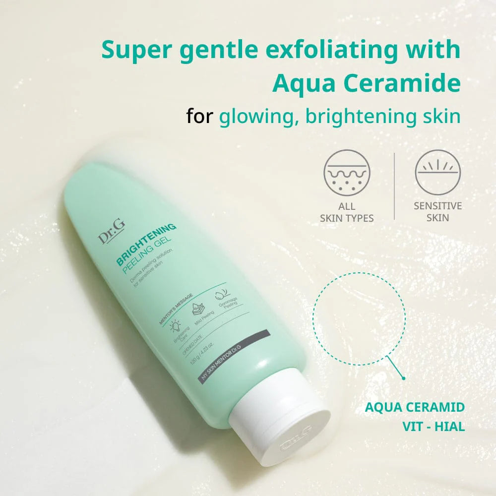 A light green tube of DR.G BRIGHTENING PEELING GEL with Aqua Ceramide from Dr.G lies on a white surface. Available to buy at MyAllures, this gentle product is suitable for all skin types and intended for achieving glowing, brighter skin.