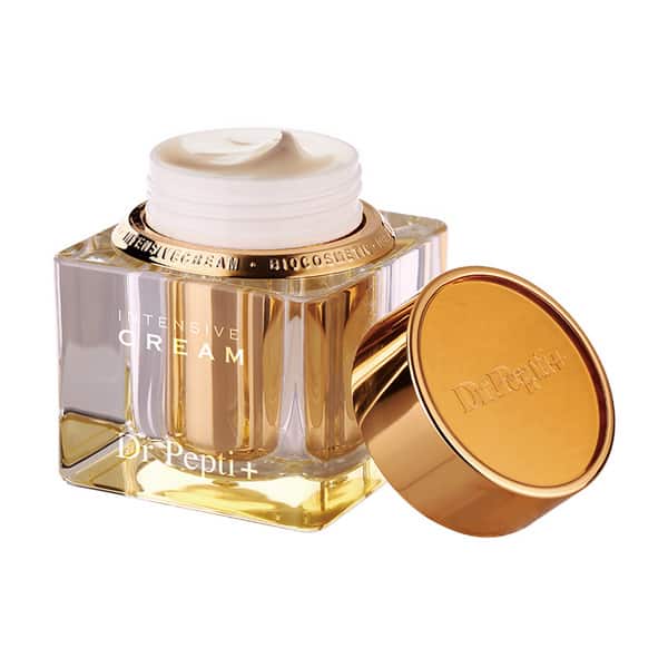 A jar of DR.PEPTI INTENSIVE ANTI WRINKLE & BRIGHTENING CREAM is showcased in a gold-accented, transparent container with the product name and brand, Dr.Pepti, prominently visible on the front. The background features a gradient of brown tones. You can purchase this elegant skincare addition at MyAllures.