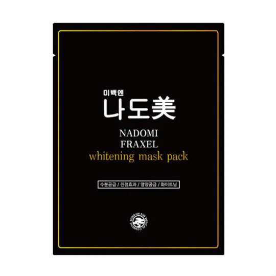 Black DR.SKINCARE Nadomi Fraxel Brightening Whitening Mask pack with white and gold text detailing product information in Korean and English. Buy at MyAllures for a radiant, glowing complexion.