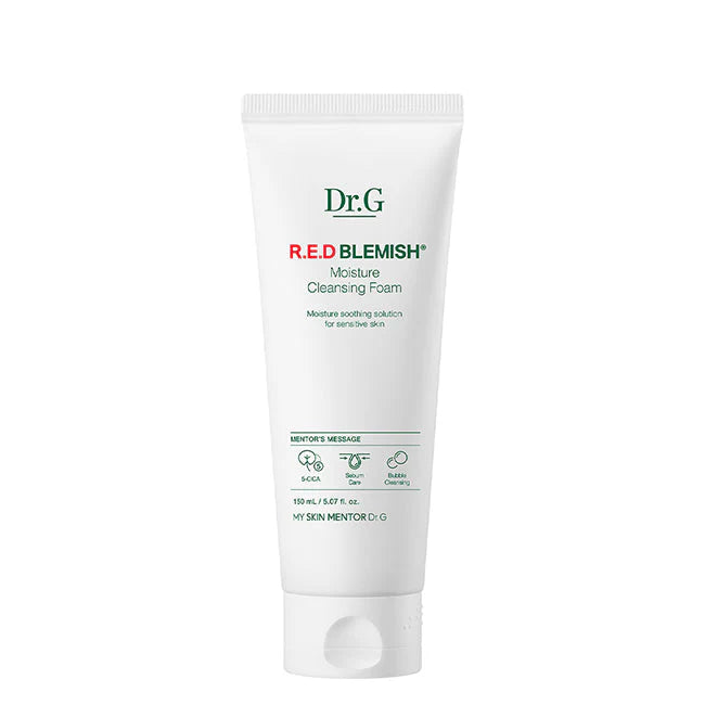 A bottle of DR.G RED BLEMISH MOISTURE CLEANSING FOAM by Dr.G is placed on a white surface, surrounded by scattered green leaves. Text highlights its deep cleansing capabilities and dense, elastic foam properties. Purchase at MyAllures for radiant skin!