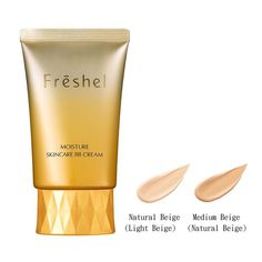 A gold tube labeled "FRESHEL UV Skincare BB Cream" with sample swatches of "Natural Beige (Light Beige)" and "Medium Beige (Natural Beige)" below it, now available to buy at MyAllures.