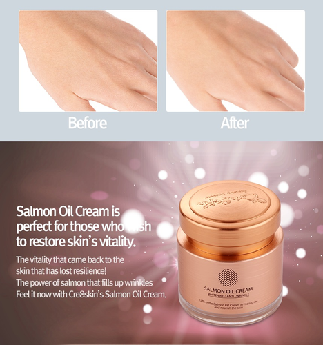 An advertisement for CRE8SKIN SALMON OIL CREAM by CRE8SKIN displays a smiling woman along with "Before" and "After" images of hands showcasing improved skin texture. Text provides directions for use. Buy at MyAllures for visible results!