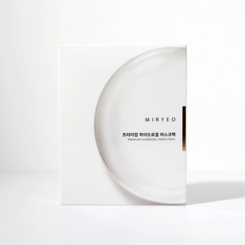 A premium MIRYEO hydrogel mask pack, elegantly wrapped in beige ribbon, comes in white packaging adorned with Korean text. The brand name "MIRYEO" is prominently printed at the bottom. Purchase this luxurious skincare treat at MyAllures.
