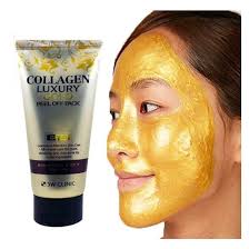 Image showing a tube of 3W CLINIC COLLAGEN LUXURY GOLD PEEL OFF and the application process: thick layer applied, 15 minutes drying, neat peeling, and completely dry peel-off removal. This 24k gold mask from 3W CLINIC not only enhances your skin's radiance but also helps minimize pores for a softer, smoother complexion.