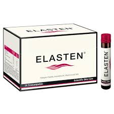 A box of Elasten Elasten Drinking Collagen ampoules, available to buy at MyAllures, is opened on a bathroom counter, surrounded by various skincare products and cosmetics. A hand is holding one ampoule.